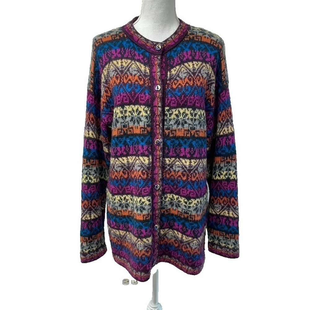The Alpaca Connection Cardigan Sweater Jumper Womens Large Stripe Mid Length Art